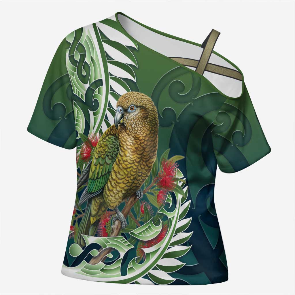 New Zealand Kea Bird Cross Shoulder Shirt With Maori Koru Fern - Aussie Hoodie
