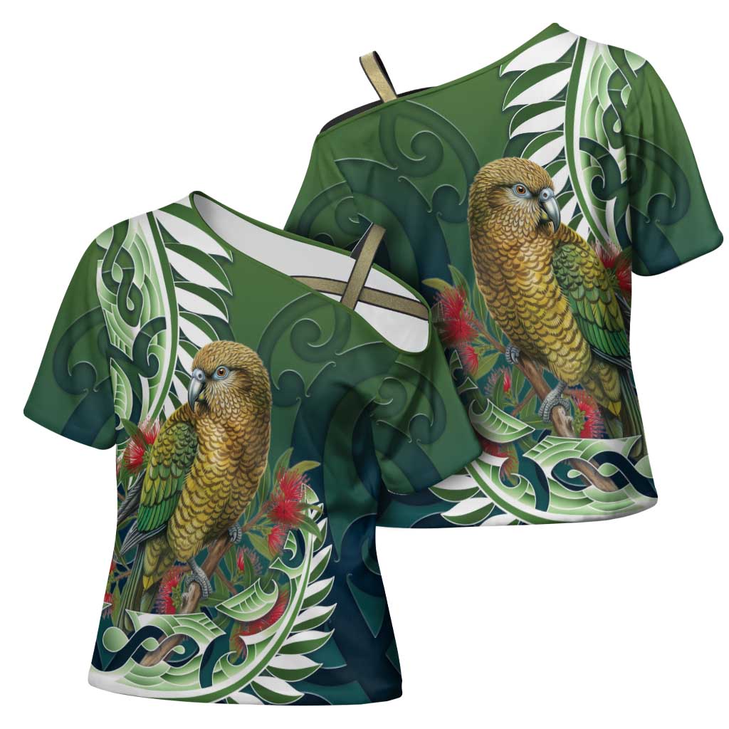 New Zealand Kea Bird Cross Shoulder Shirt With Maori Koru Fern - Aussie Hoodie