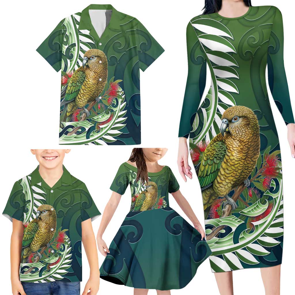 New Zealand Kea Bird Family Matching Long Sleeve Bodycon Dress and Hawaiian Shirt With Maori Koru Fern - Aussie Hoodie