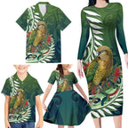 New Zealand Kea Bird Family Matching Long Sleeve Bodycon Dress and Hawaiian Shirt With Maori Koru Fern - Aussie Hoodie