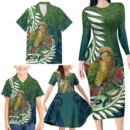 New Zealand Kea Bird Family Matching Long Sleeve Bodycon Dress and Hawaiian Shirt With Maori Koru Fern - Aussie Hoodie