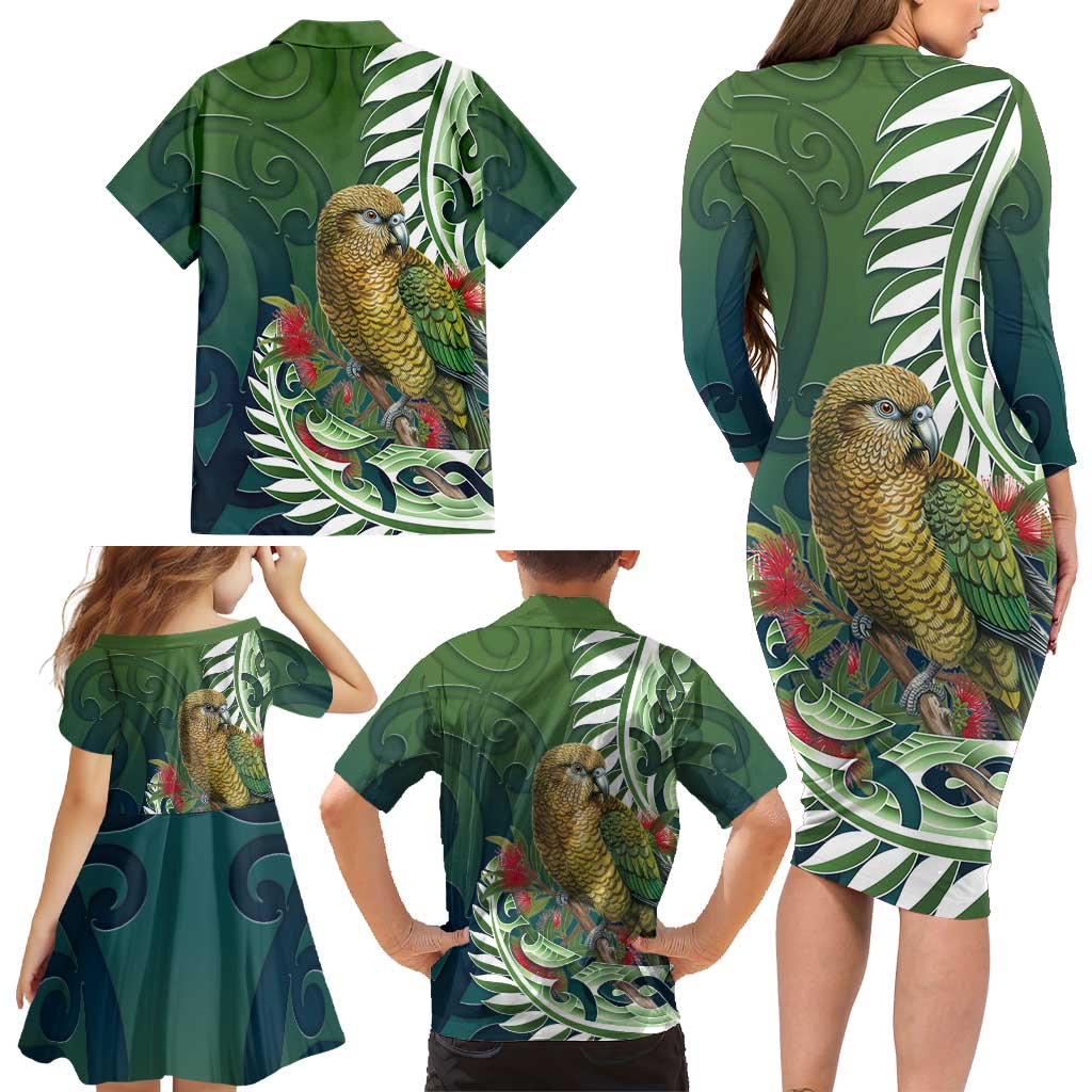New Zealand Kea Bird Family Matching Long Sleeve Bodycon Dress and Hawaiian Shirt With Maori Koru Fern - Aussie Hoodie