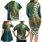 New Zealand Kea Bird Family Matching Long Sleeve Bodycon Dress and Hawaiian Shirt With Maori Koru Fern - Aussie Hoodie