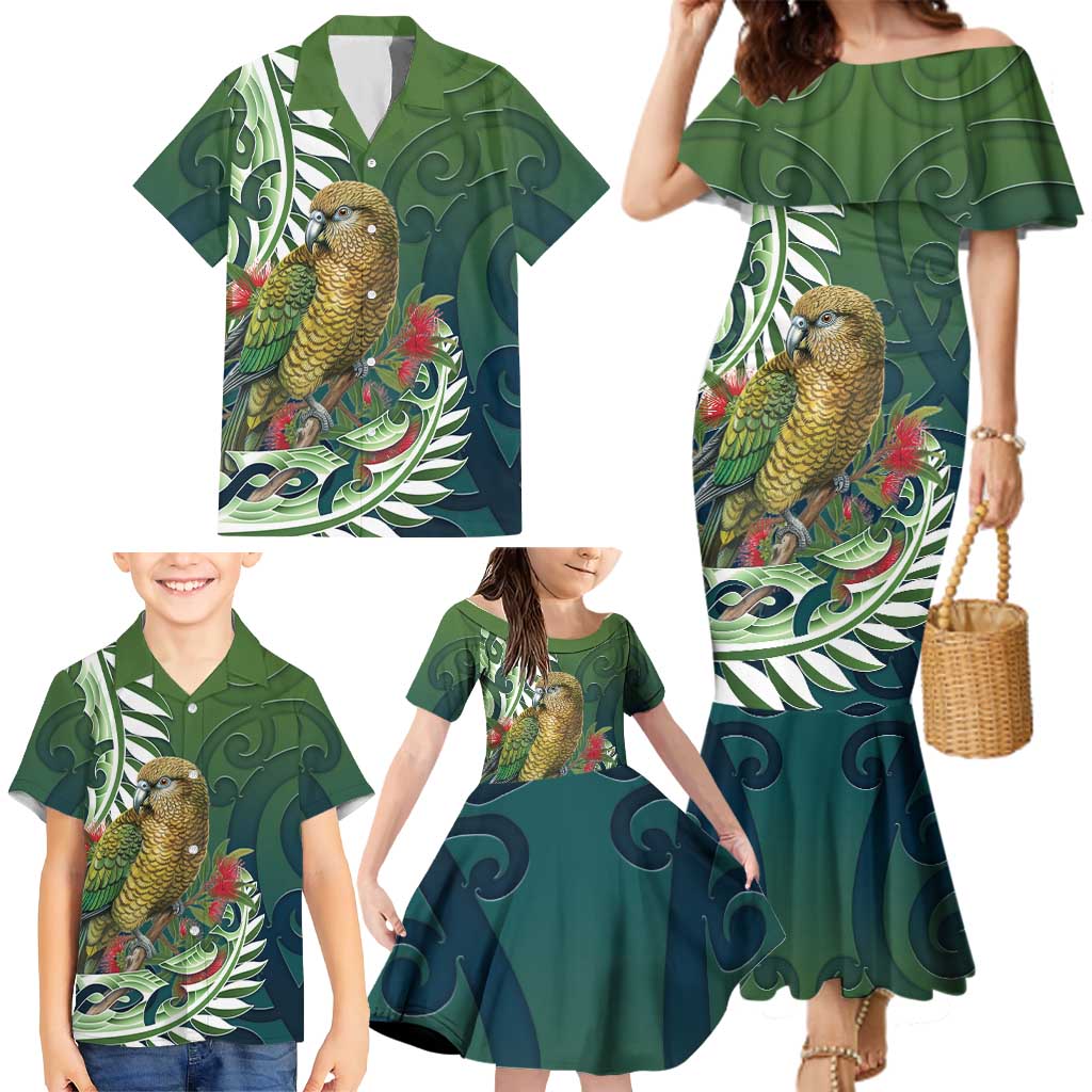 New Zealand Kea Bird Family Matching Mermaid Dress and Hawaiian Shirt With Maori Koru Fern - Aussie Hoodie