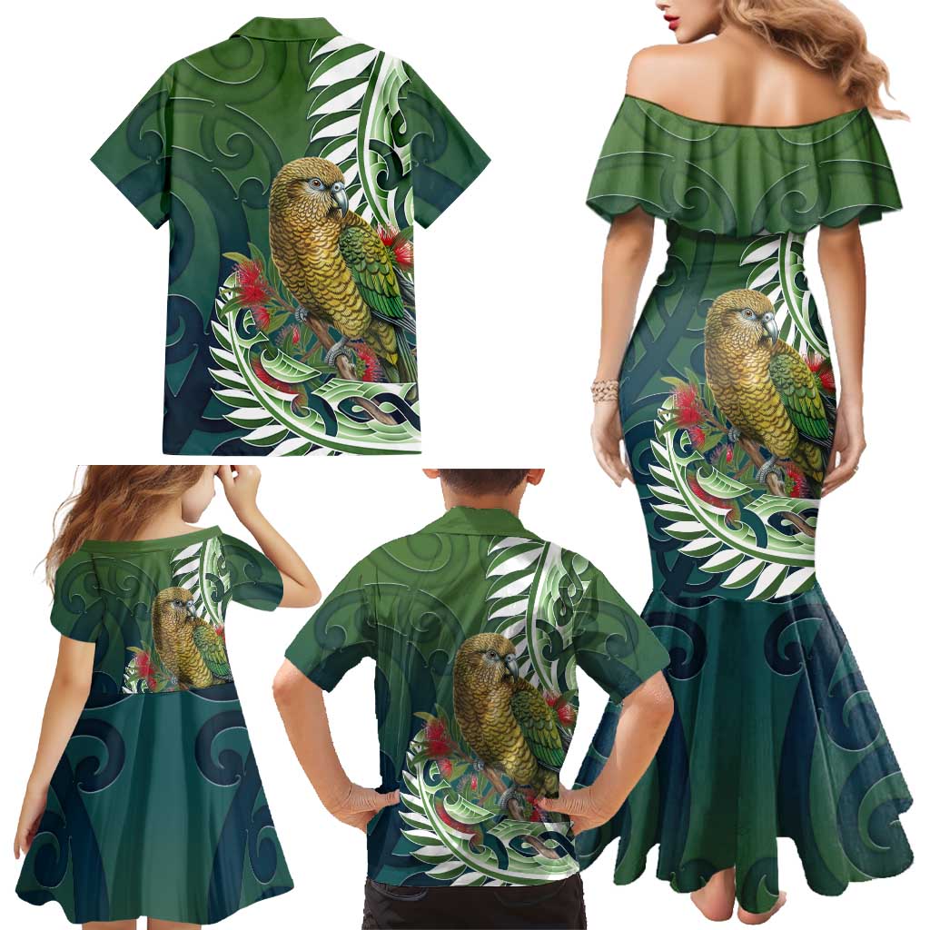 New Zealand Kea Bird Family Matching Mermaid Dress and Hawaiian Shirt With Maori Koru Fern - Aussie Hoodie