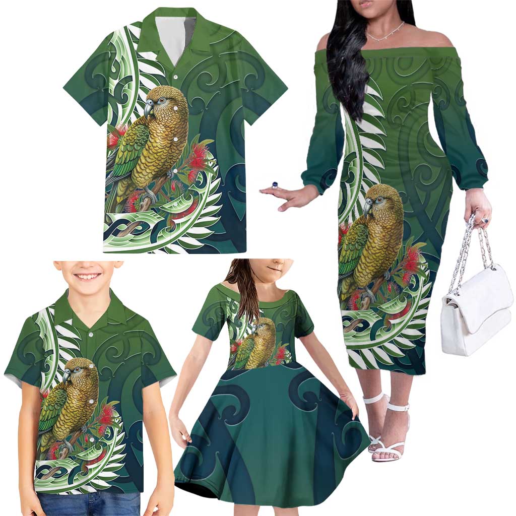 New Zealand Kea Bird Family Matching Off The Shoulder Long Sleeve Dress and Hawaiian Shirt With Maori Koru Fern - Aussie Hoodie