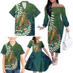 New Zealand Kea Bird Family Matching Off The Shoulder Long Sleeve Dress and Hawaiian Shirt With Maori Koru Fern - Aussie Hoodie
