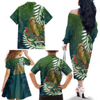 New Zealand Kea Bird Family Matching Off The Shoulder Long Sleeve Dress and Hawaiian Shirt With Maori Koru Fern - Aussie Hoodie