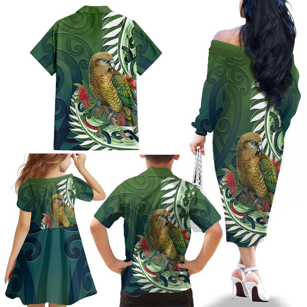 New Zealand Kea Bird Family Matching Off The Shoulder Long Sleeve Dress and Hawaiian Shirt With Maori Koru Fern - Aussie Hoodie