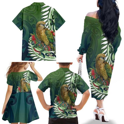 New Zealand Kea Bird Family Matching Off The Shoulder Long Sleeve Dress and Hawaiian Shirt With Maori Koru Fern - Aussie Hoodie