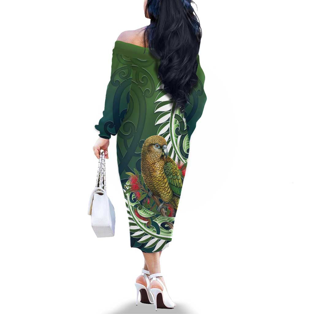 New Zealand Kea Bird Family Matching Off The Shoulder Long Sleeve Dress and Hawaiian Shirt With Maori Koru Fern - Aussie Hoodie