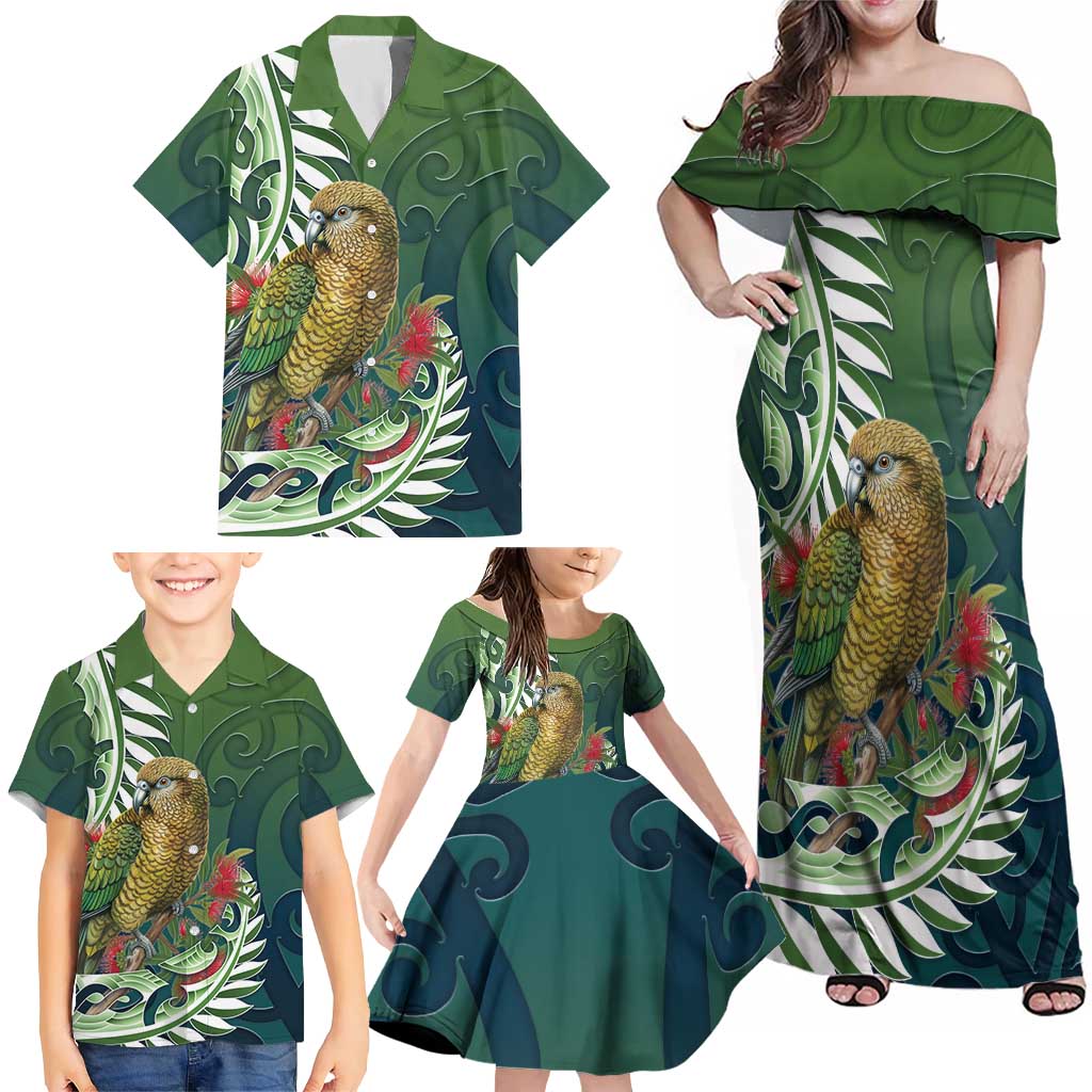 New Zealand Kea Bird Family Matching Off Shoulder Maxi Dress and Hawaiian Shirt With Maori Koru Fern - Aussie Hoodie