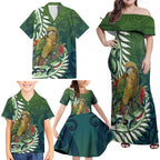 New Zealand Kea Bird Family Matching Off Shoulder Maxi Dress and Hawaiian Shirt With Maori Koru Fern - Aussie Hoodie