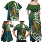 New Zealand Kea Bird Family Matching Off Shoulder Maxi Dress and Hawaiian Shirt With Maori Koru Fern - Aussie Hoodie