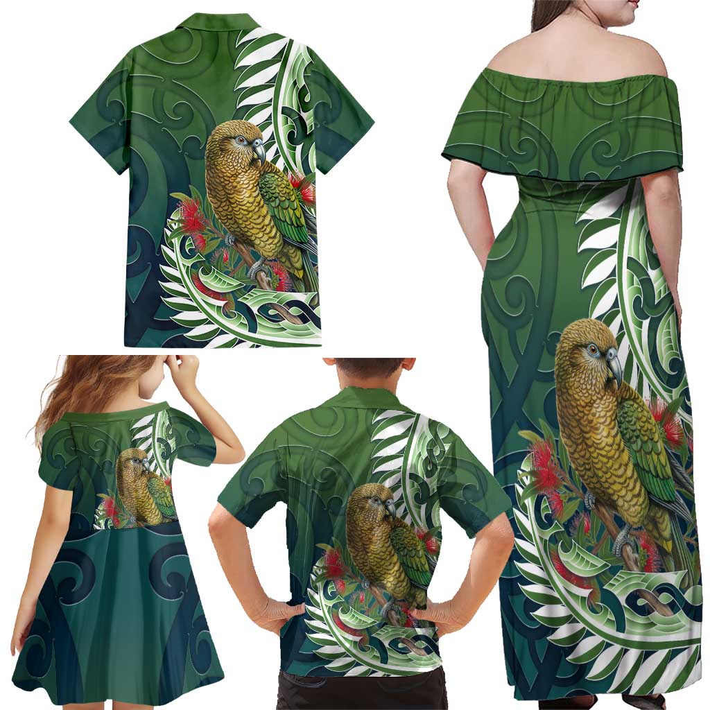 New Zealand Kea Bird Family Matching Off Shoulder Maxi Dress and Hawaiian Shirt With Maori Koru Fern - Aussie Hoodie