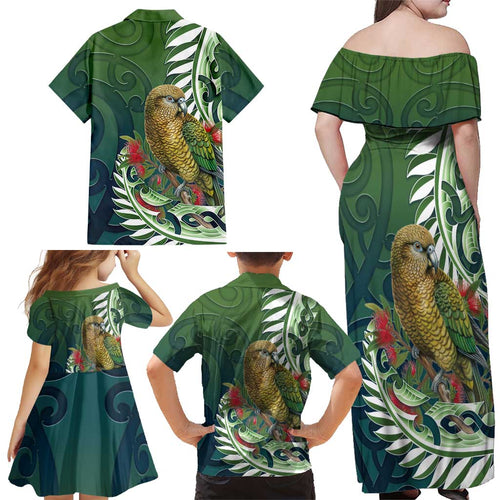 New Zealand Kea Bird Family Matching Off Shoulder Maxi Dress and Hawaiian Shirt With Maori Koru Fern - Aussie Hoodie