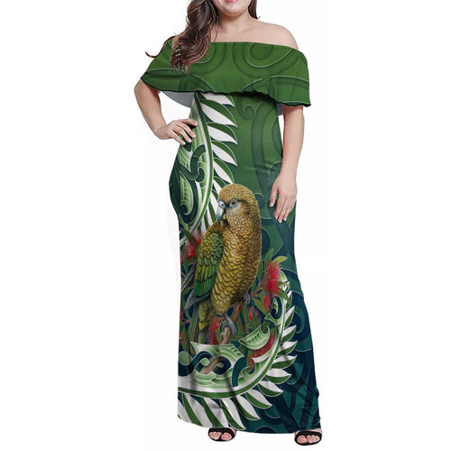 New Zealand Kea Bird Family Matching Off Shoulder Maxi Dress and Hawaiian Shirt With Maori Koru Fern - Aussie Hoodie
