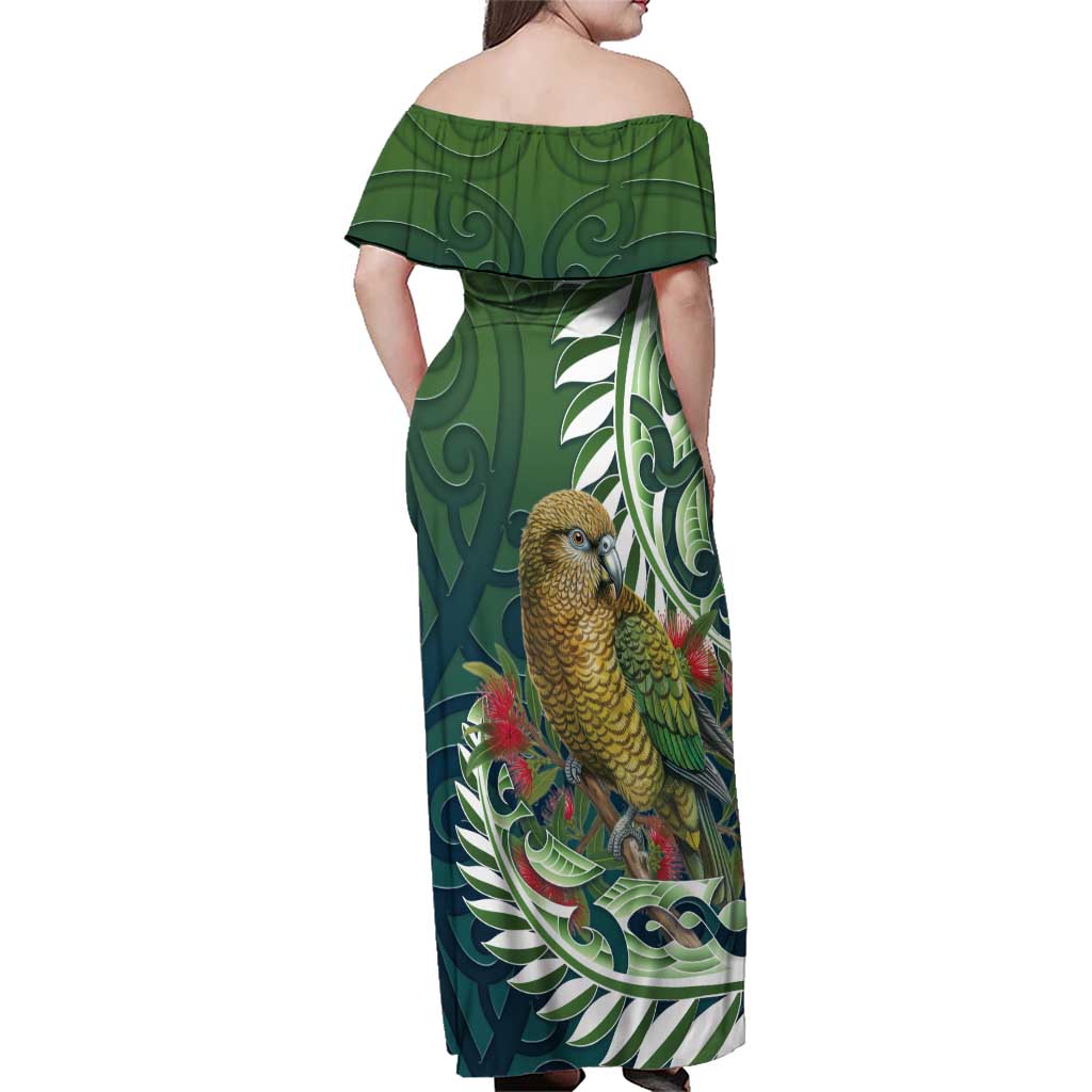 New Zealand Kea Bird Family Matching Off Shoulder Maxi Dress and Hawaiian Shirt With Maori Koru Fern - Aussie Hoodie