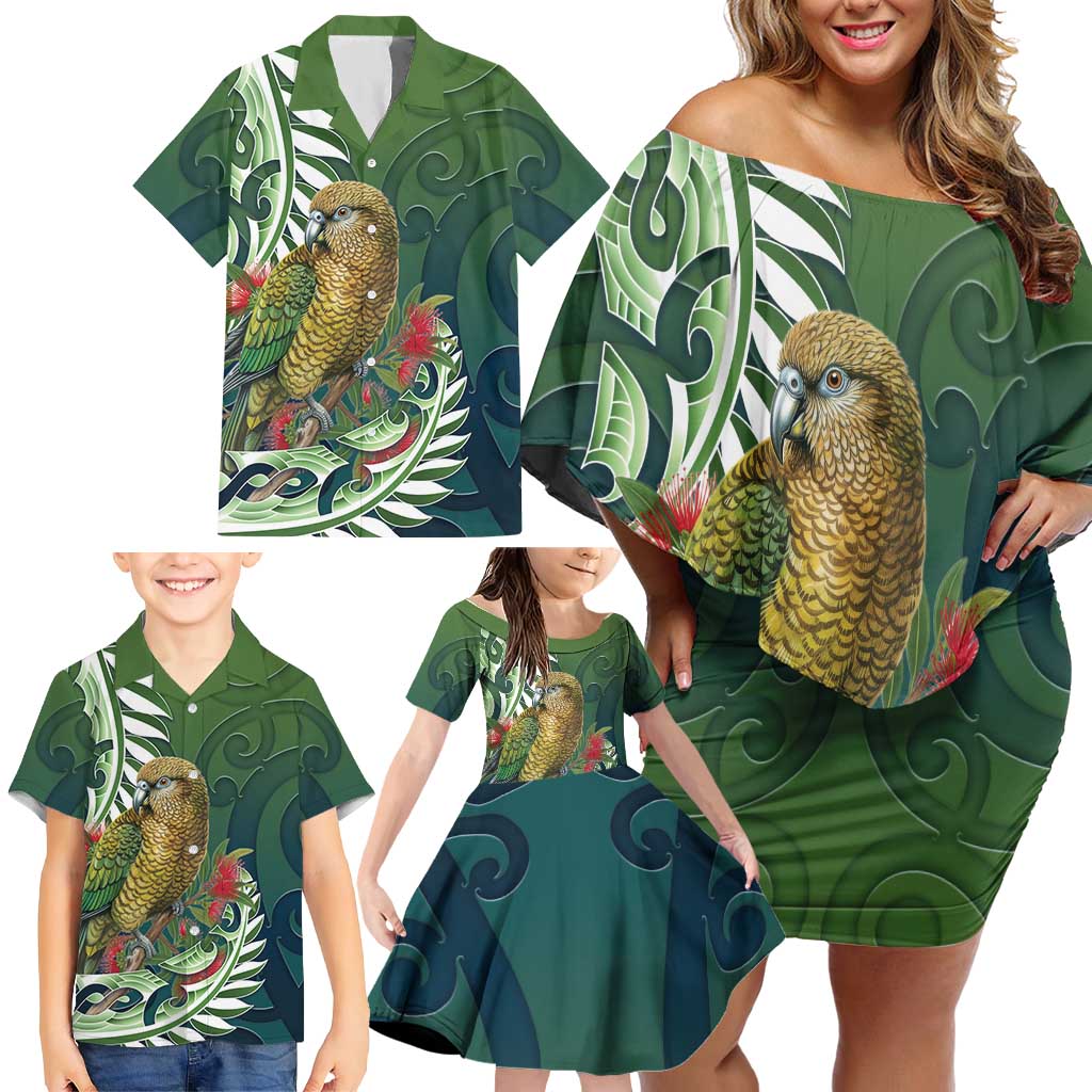 New Zealand Kea Bird Family Matching Off Shoulder Short Dress and Hawaiian Shirt With Maori Koru Fern - Aussie Hoodie