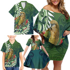 New Zealand Kea Bird Family Matching Off Shoulder Short Dress and Hawaiian Shirt With Maori Koru Fern - Aussie Hoodie