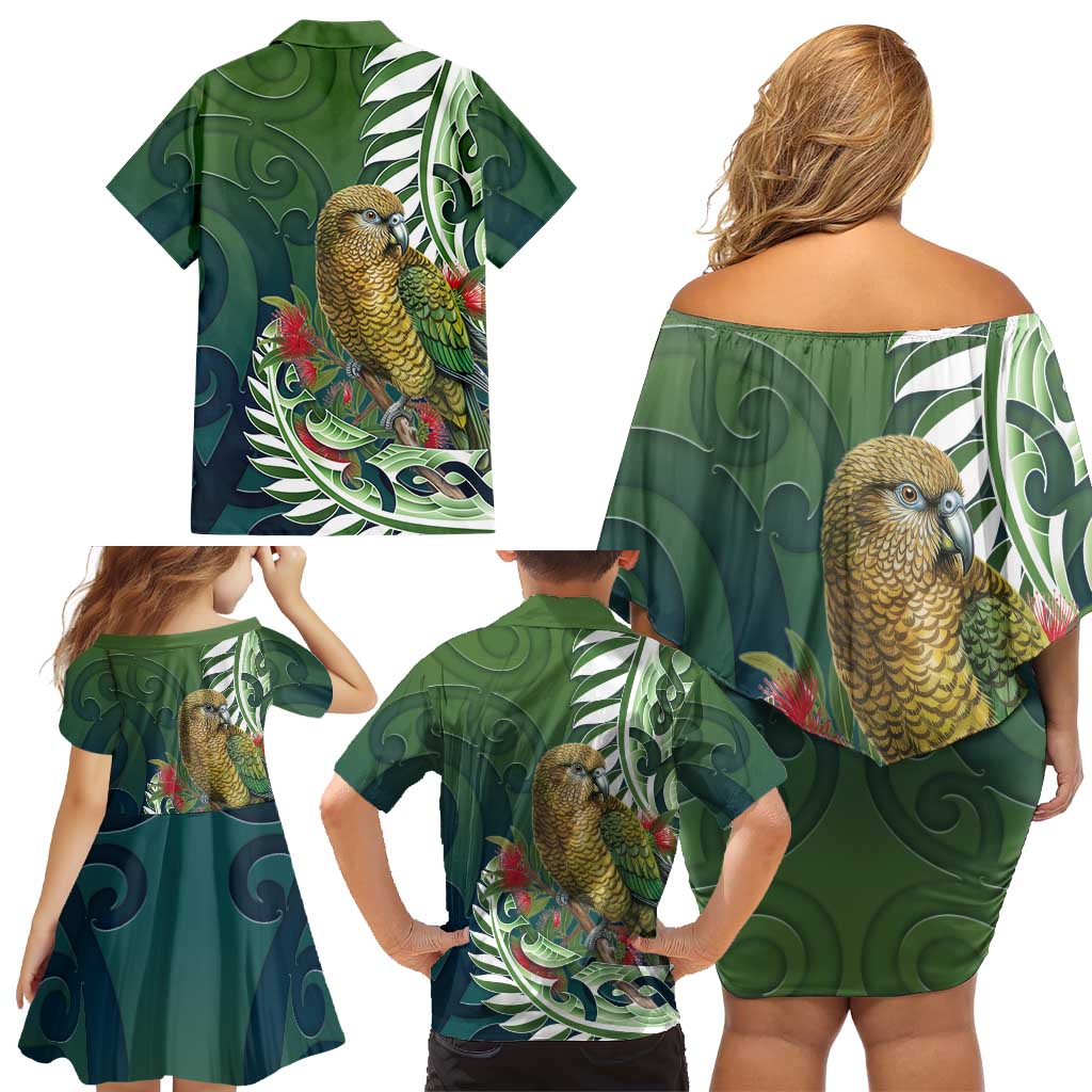 New Zealand Kea Bird Family Matching Off Shoulder Short Dress and Hawaiian Shirt With Maori Koru Fern - Aussie Hoodie