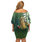 New Zealand Kea Bird Family Matching Off Shoulder Short Dress and Hawaiian Shirt With Maori Koru Fern - Aussie Hoodie