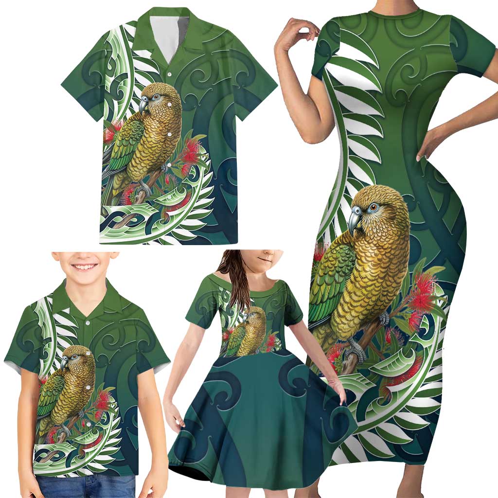New Zealand Kea Bird Family Matching Short Sleeve Bodycon Dress and Hawaiian Shirt With Maori Koru Fern - Aussie Hoodie