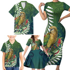New Zealand Kea Bird Family Matching Short Sleeve Bodycon Dress and Hawaiian Shirt With Maori Koru Fern - Aussie Hoodie