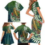 New Zealand Kea Bird Family Matching Short Sleeve Bodycon Dress and Hawaiian Shirt With Maori Koru Fern - Aussie Hoodie
