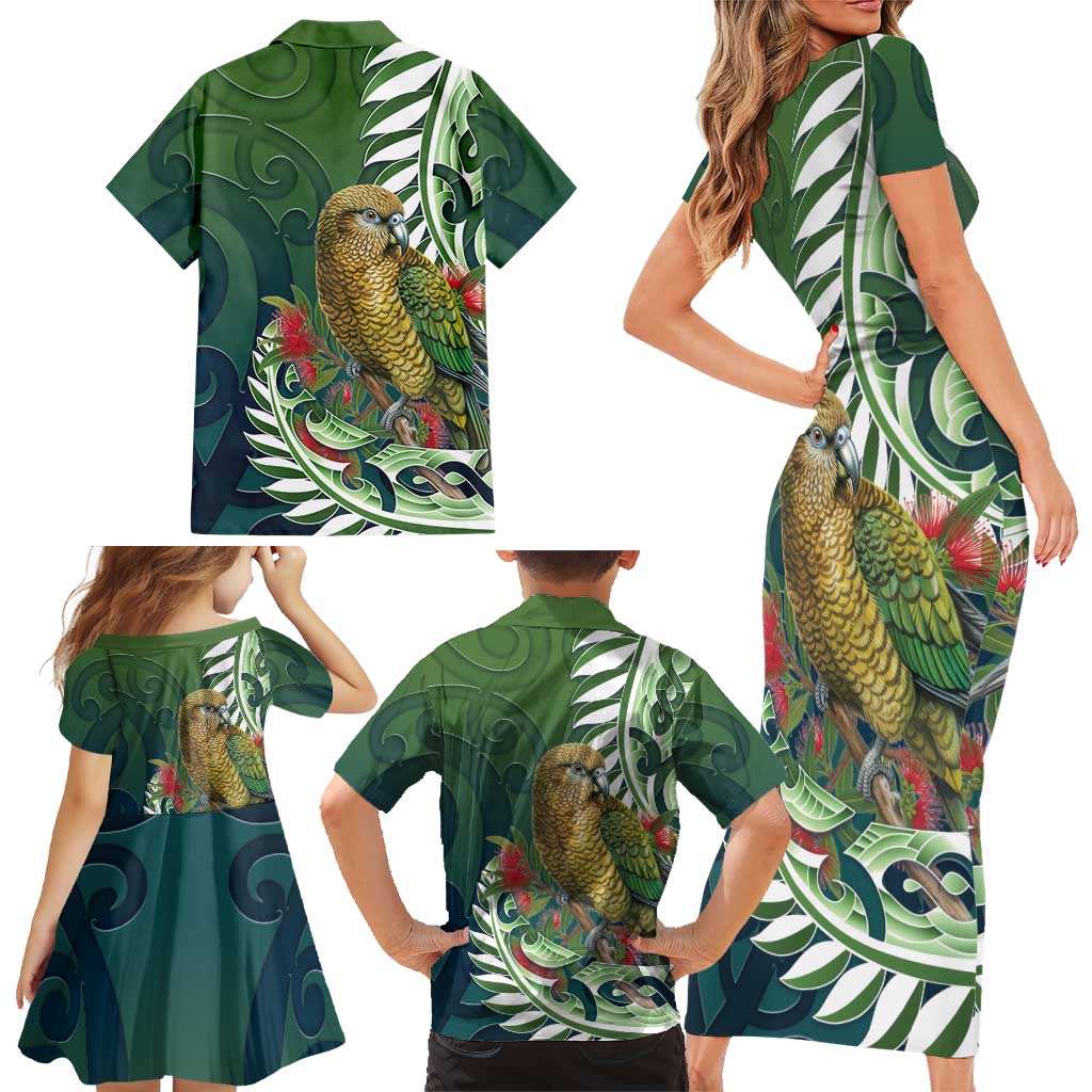 New Zealand Kea Bird Family Matching Short Sleeve Bodycon Dress and Hawaiian Shirt With Maori Koru Fern - Aussie Hoodie