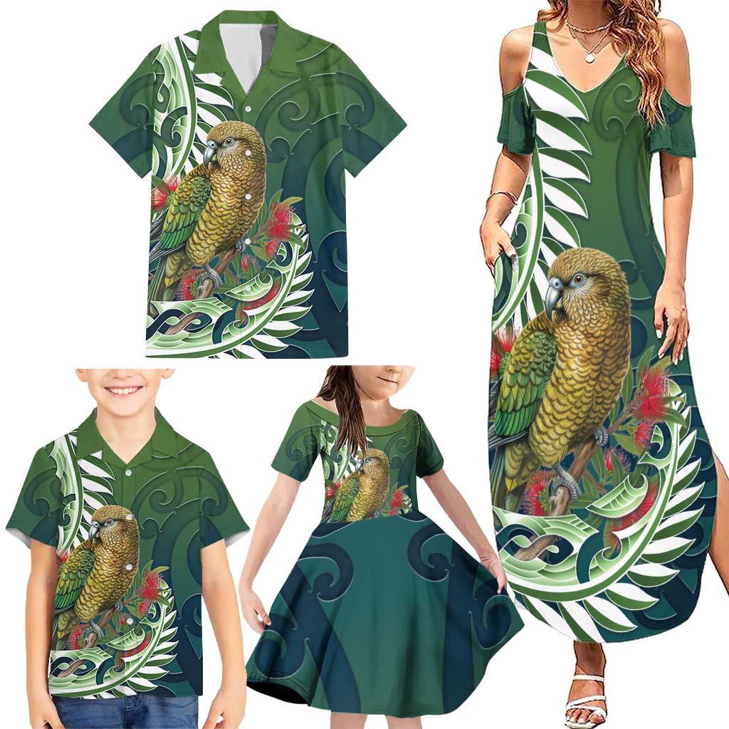 New Zealand Kea Bird Family Matching Summer Maxi Dress and Hawaiian Shirt With Maori Koru Fern - Aussie Hoodie