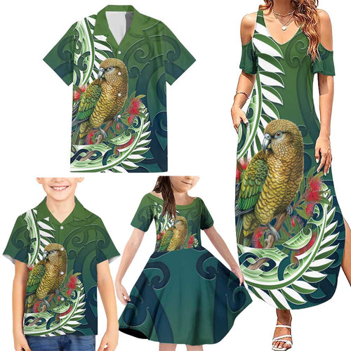 New Zealand Kea Bird Family Matching Summer Maxi Dress and Hawaiian Shirt With Maori Koru Fern - Aussie Hoodie