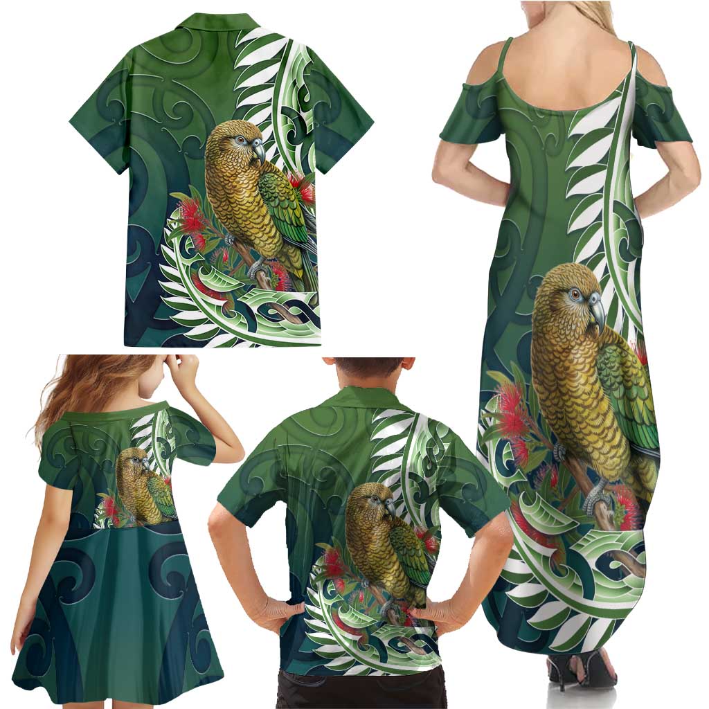 New Zealand Kea Bird Family Matching Summer Maxi Dress and Hawaiian Shirt With Maori Koru Fern - Aussie Hoodie