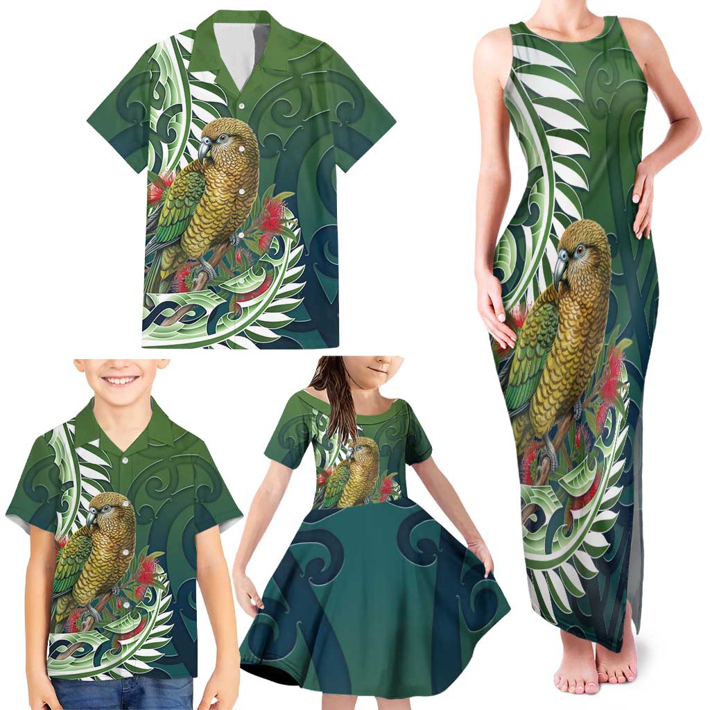 New Zealand Kea Bird Family Matching Tank Maxi Dress and Hawaiian Shirt With Maori Koru Fern - Aussie Hoodie