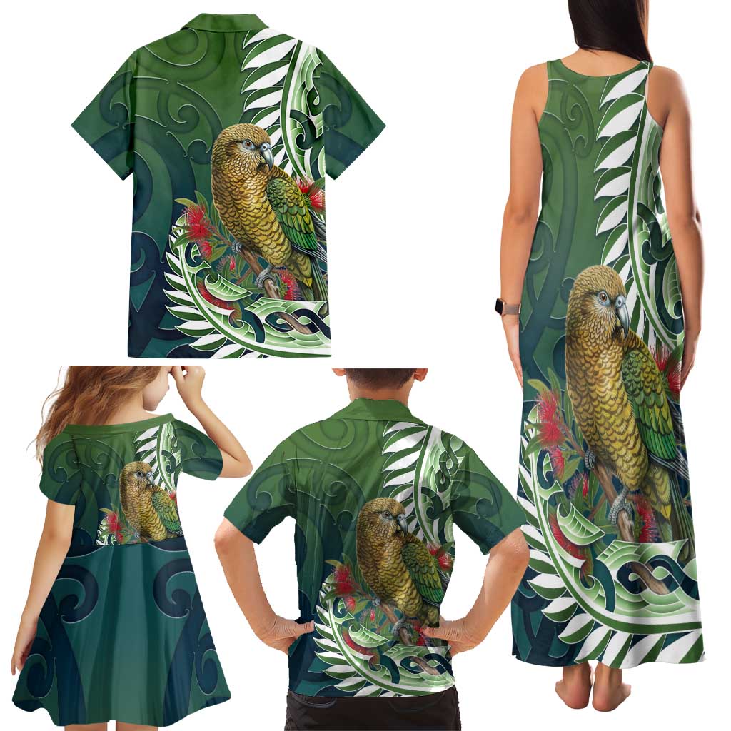 New Zealand Kea Bird Family Matching Tank Maxi Dress and Hawaiian Shirt With Maori Koru Fern - Aussie Hoodie