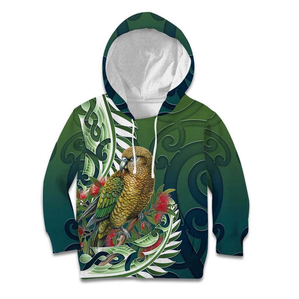 New Zealand Kea Bird Kid Hoodie With Maori Koru Fern - Aussie Hoodie