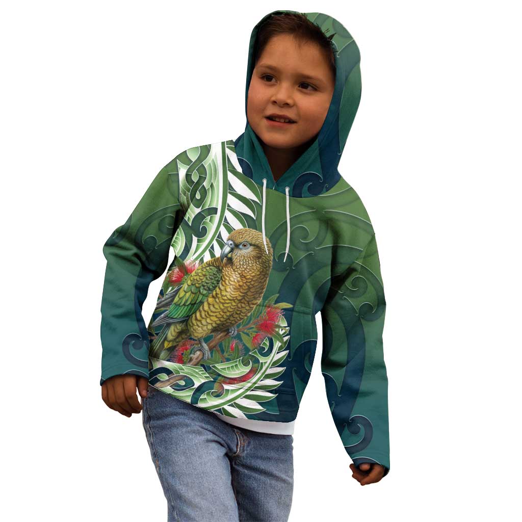 New Zealand Kea Bird Kid Hoodie With Maori Koru Fern - Aussie Hoodie
