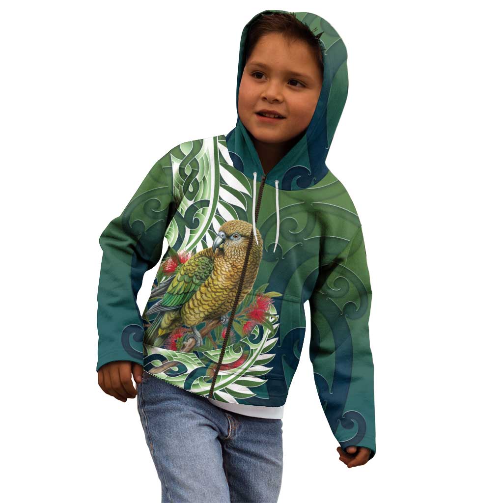 New Zealand Kea Bird Kid Hoodie With Maori Koru Fern - Aussie Hoodie