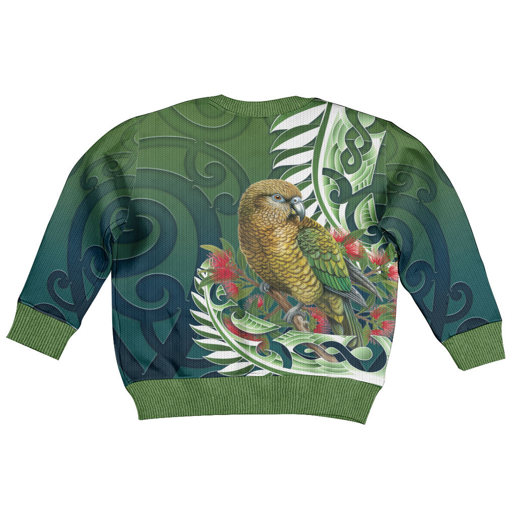 New Zealand Kea Bird Kid Ugly Christmas Sweater With Maori Koru Fern