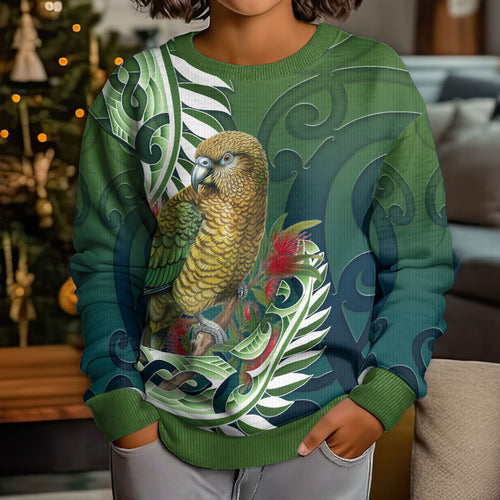 New Zealand Kea Bird Kid Ugly Christmas Sweater With Maori Koru Fern