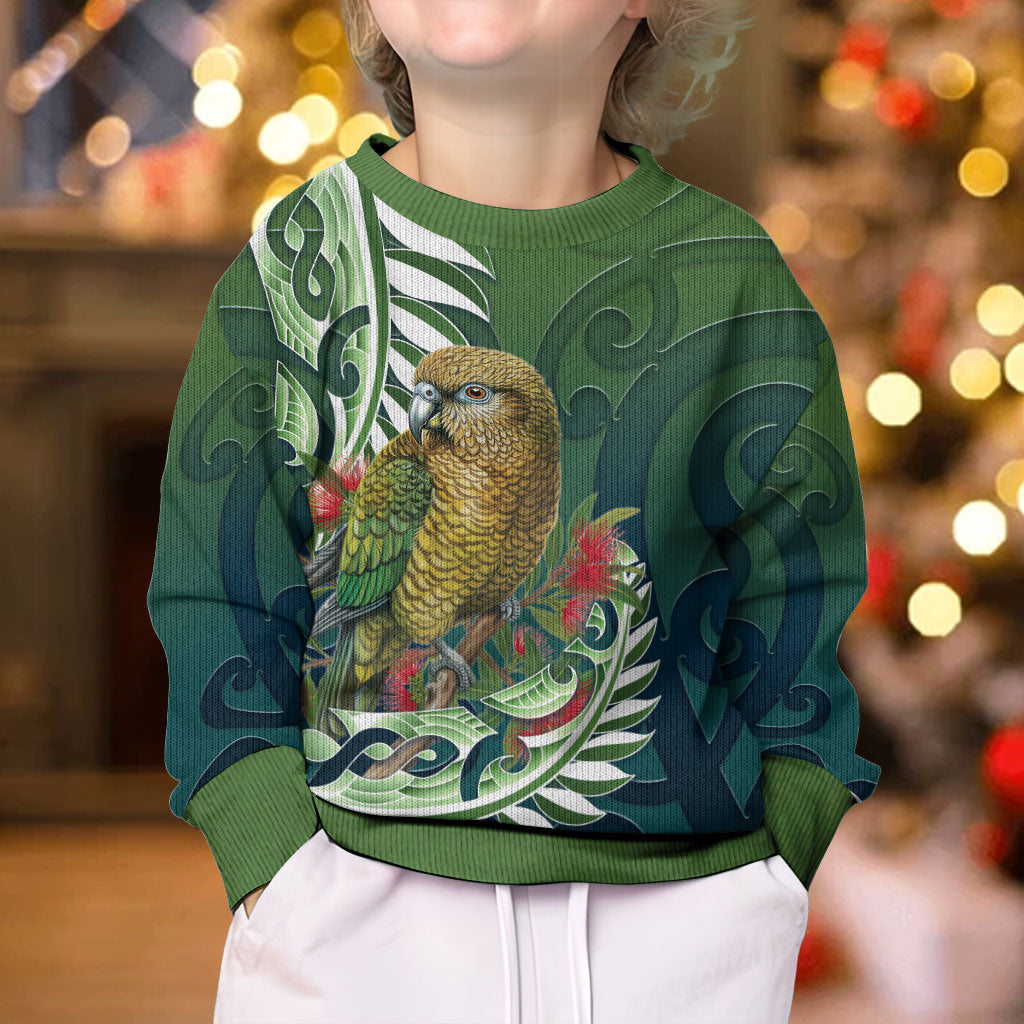 New Zealand Kea Bird Kid Ugly Christmas Sweater With Maori Koru Fern