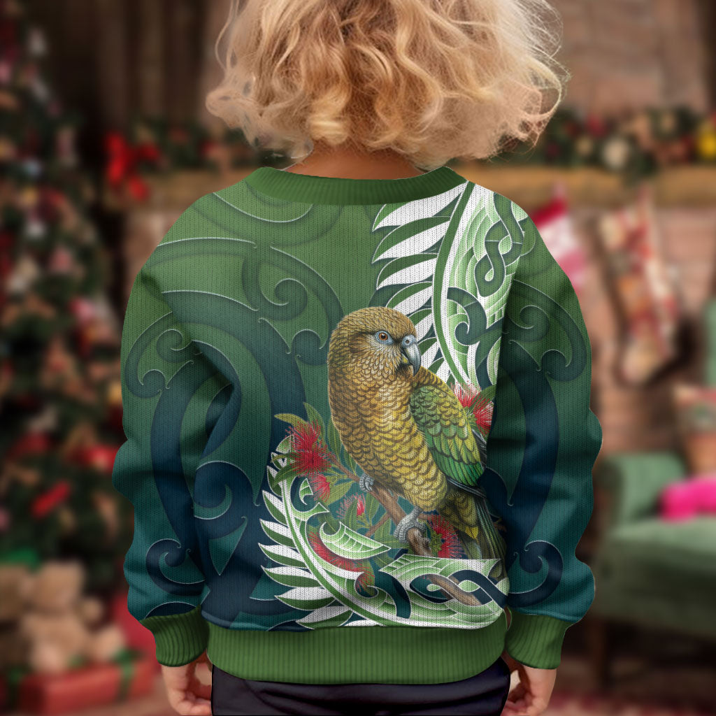 New Zealand Kea Bird Kid Ugly Christmas Sweater With Maori Koru Fern