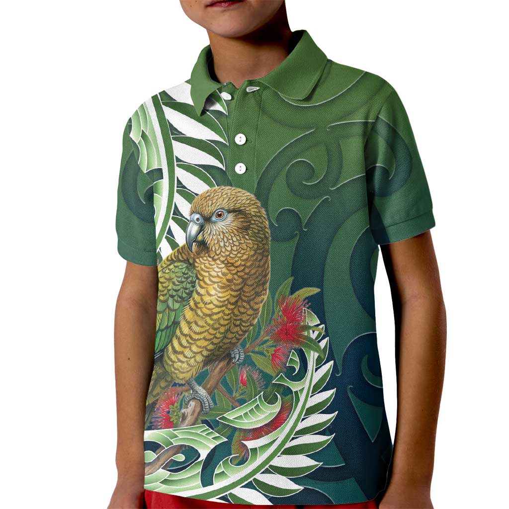 New Zealand Kea Bird Kid Polo Shirt With Maori Koru Fern - Aussie Hoodie
