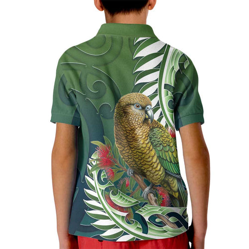 New Zealand Kea Bird Kid Polo Shirt With Maori Koru Fern - Aussie Hoodie