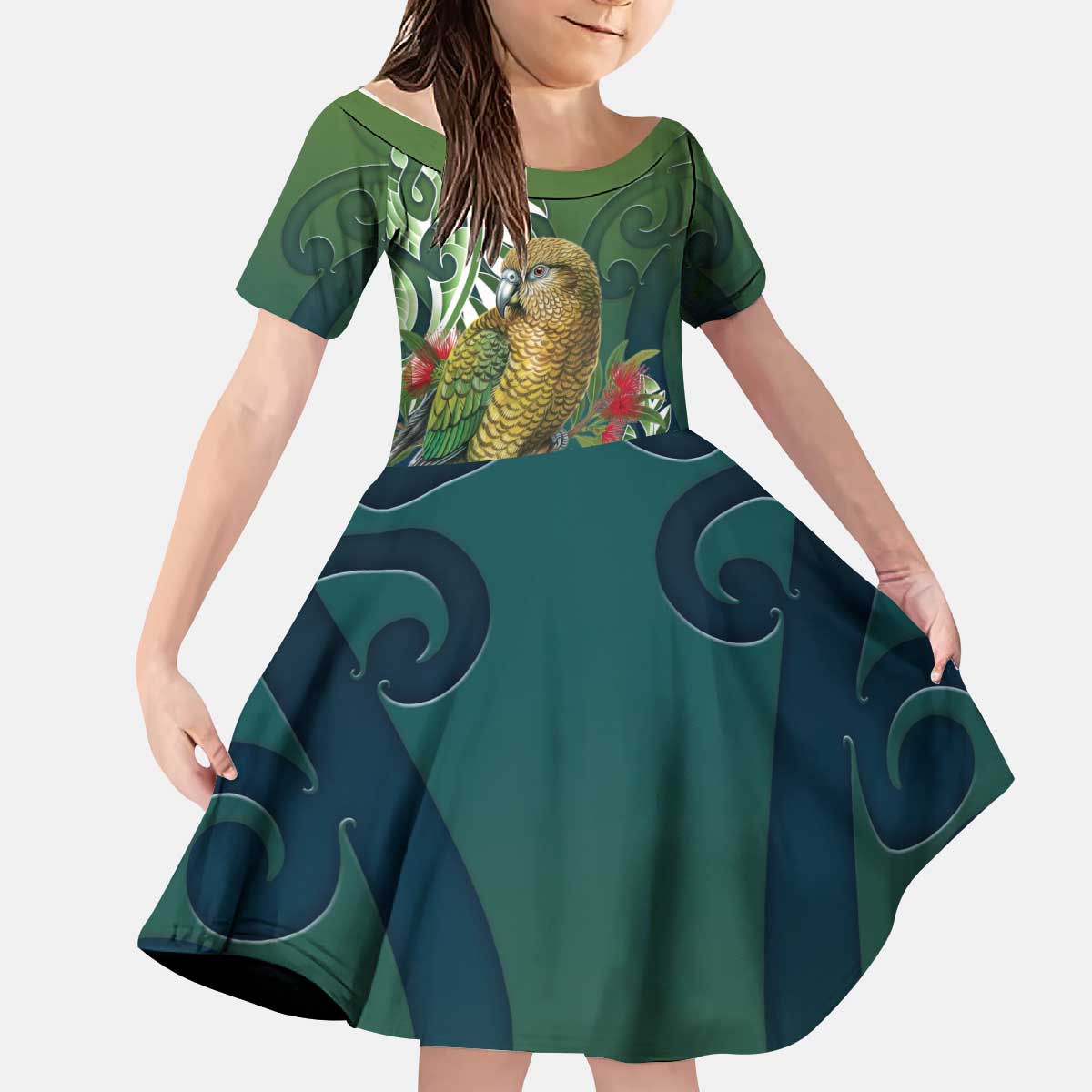 New Zealand Kea Bird Kid Short Sleeve Dress With Maori Koru Fern - Aussie Hoodie