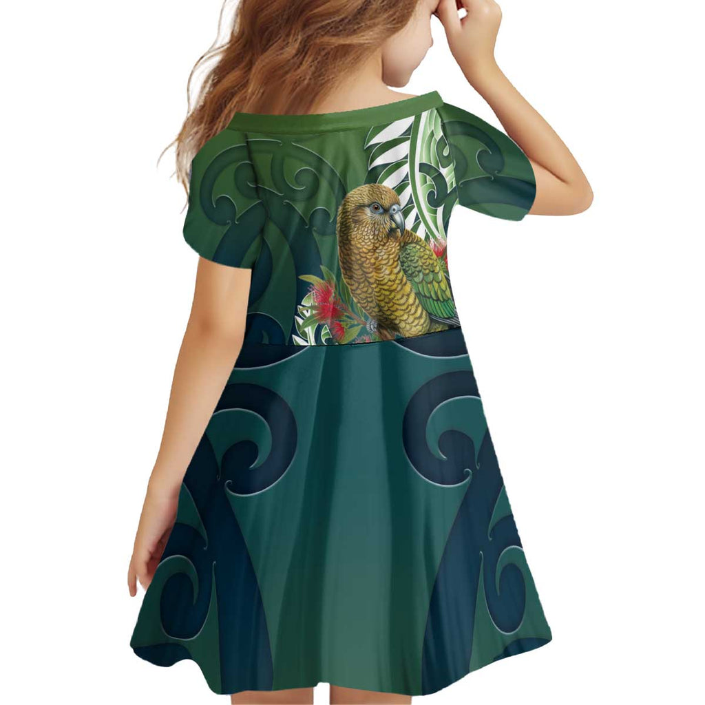 New Zealand Kea Bird Kid Short Sleeve Dress With Maori Koru Fern - Aussie Hoodie