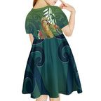 New Zealand Kea Bird Kid Short Sleeve Dress With Maori Koru Fern - Aussie Hoodie