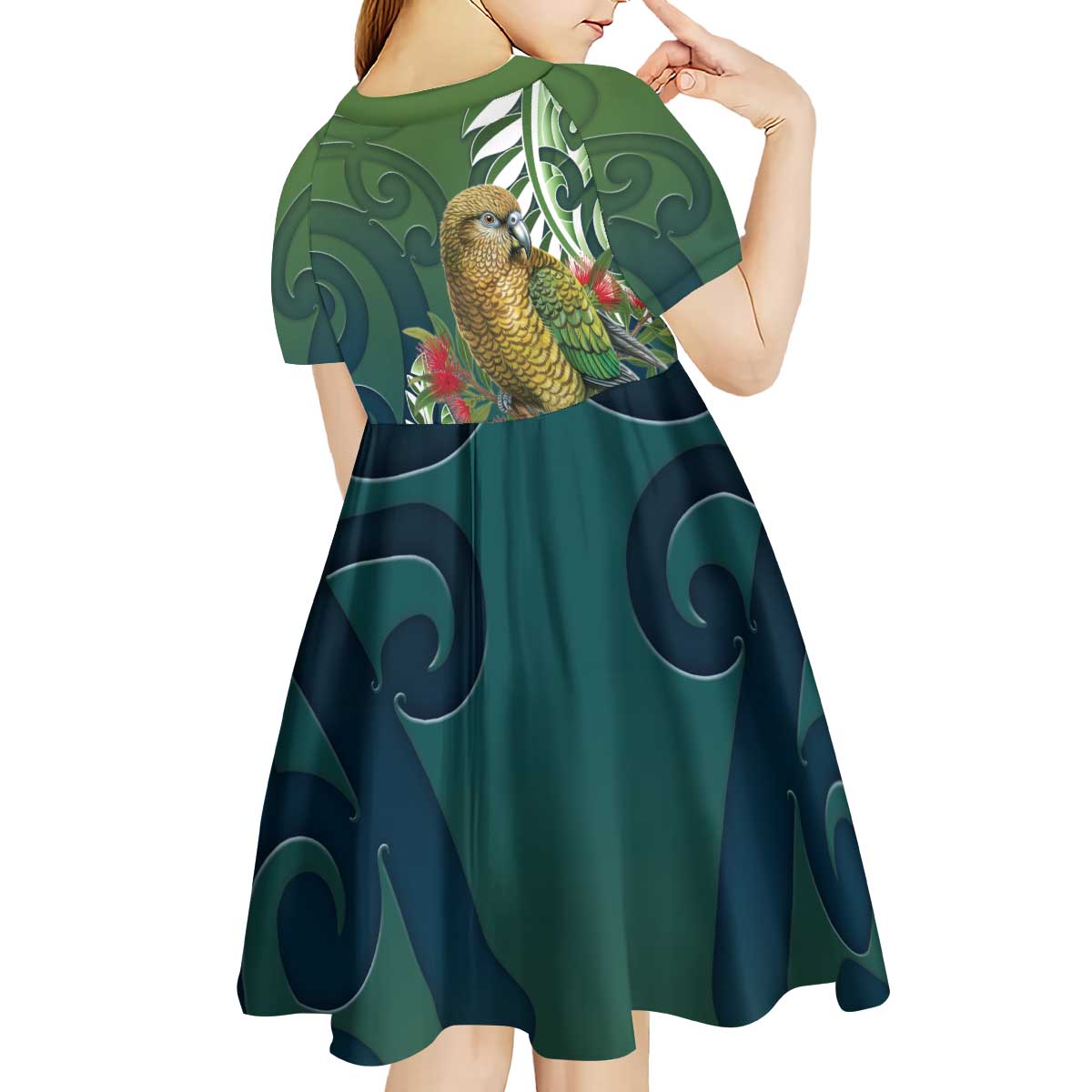 New Zealand Kea Bird Kid Short Sleeve Dress With Maori Koru Fern - Aussie Hoodie
