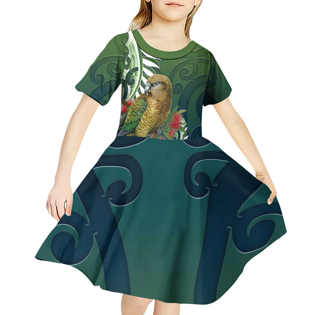 New Zealand Kea Bird Kid Short Sleeve Dress With Maori Koru Fern - Aussie Hoodie