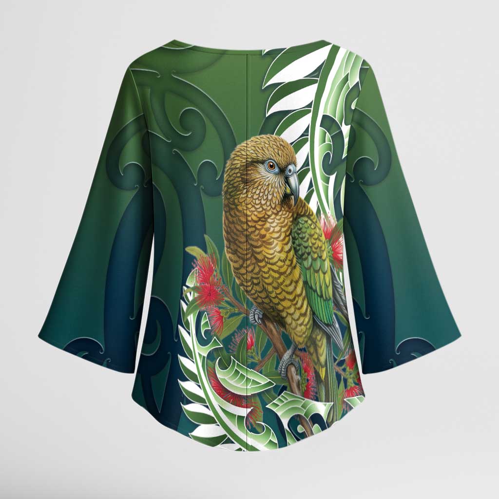 New Zealand Kea Bird Kimono Sleeve Blouse With Maori Koru Fern - Aussie Hoodie